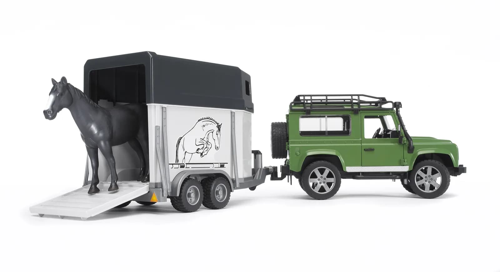 Позашляховик Land Rover Defender з трейлером для перевезення коней та кінь 1:16 Bruder 02592 фото 2 Позашляховик Land Rover Defender з трейлером для перевезення коней та кінь 1:16 Bruder 02592 фото 2