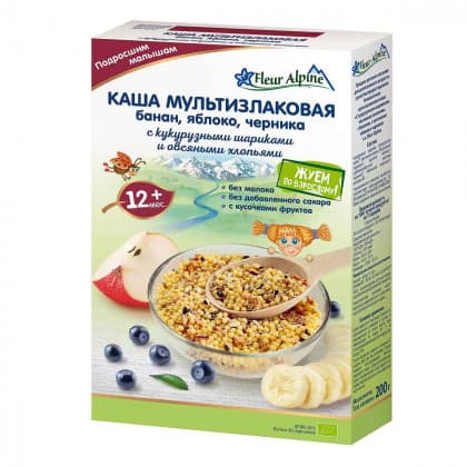 Каша безмолочная мультизлаковая с бананом, яблоком и черникой Fleur Alpine 200г 450818