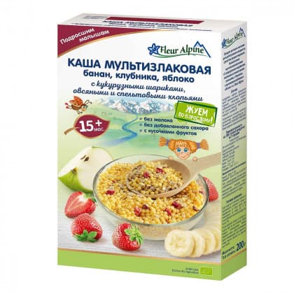 Каша безмолочна мультизлакова з бананом, яблуком і полуницею Fleur Alpine 200г 450816 Каша безмолочна мультизлакова з бананом, яблуком і полуницею Fleur Alpine 200г 450816