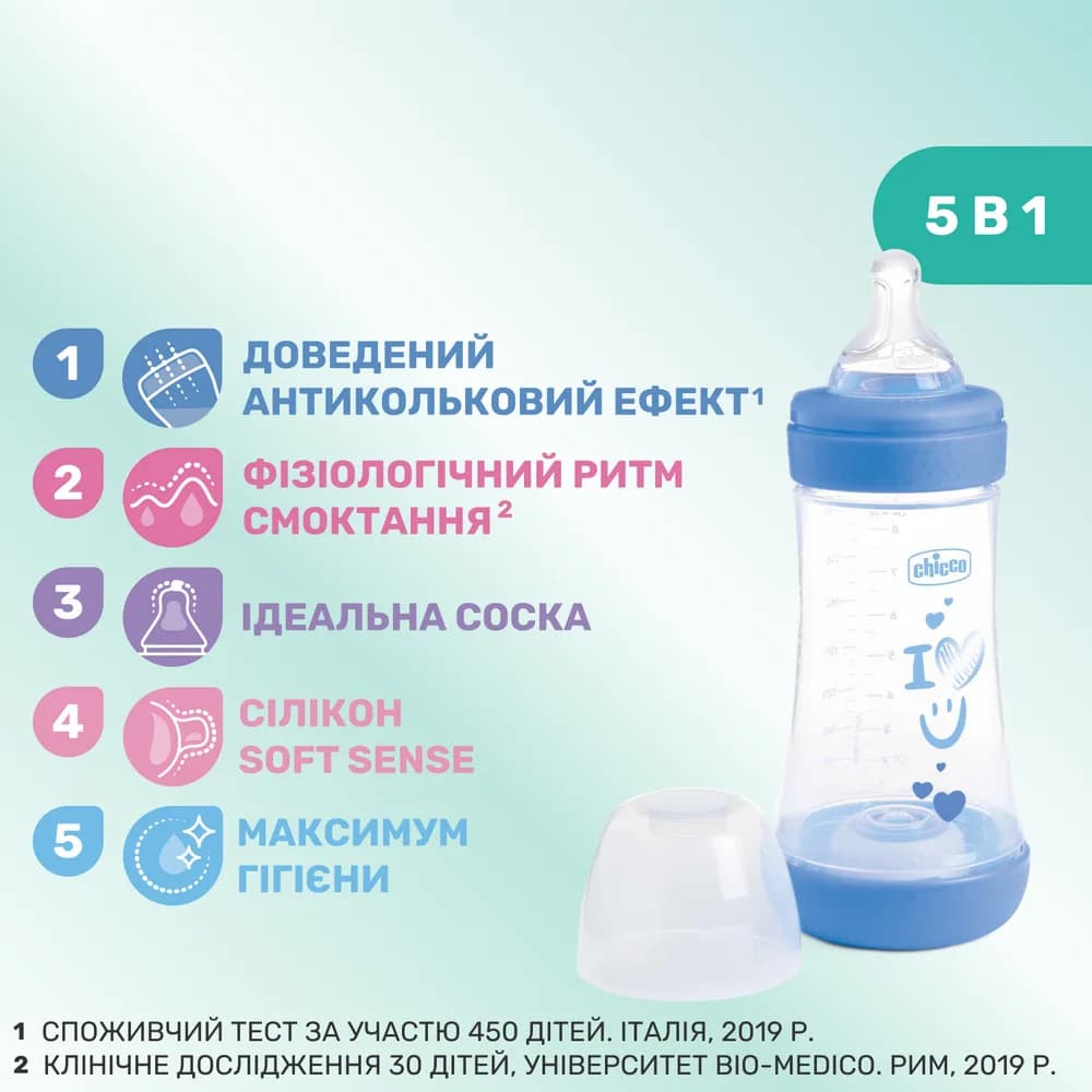 Бутылочка пластиковая Chicco Perfect 5 240мл, соска силиконовая, средний поток 20223.21.40 фото 2