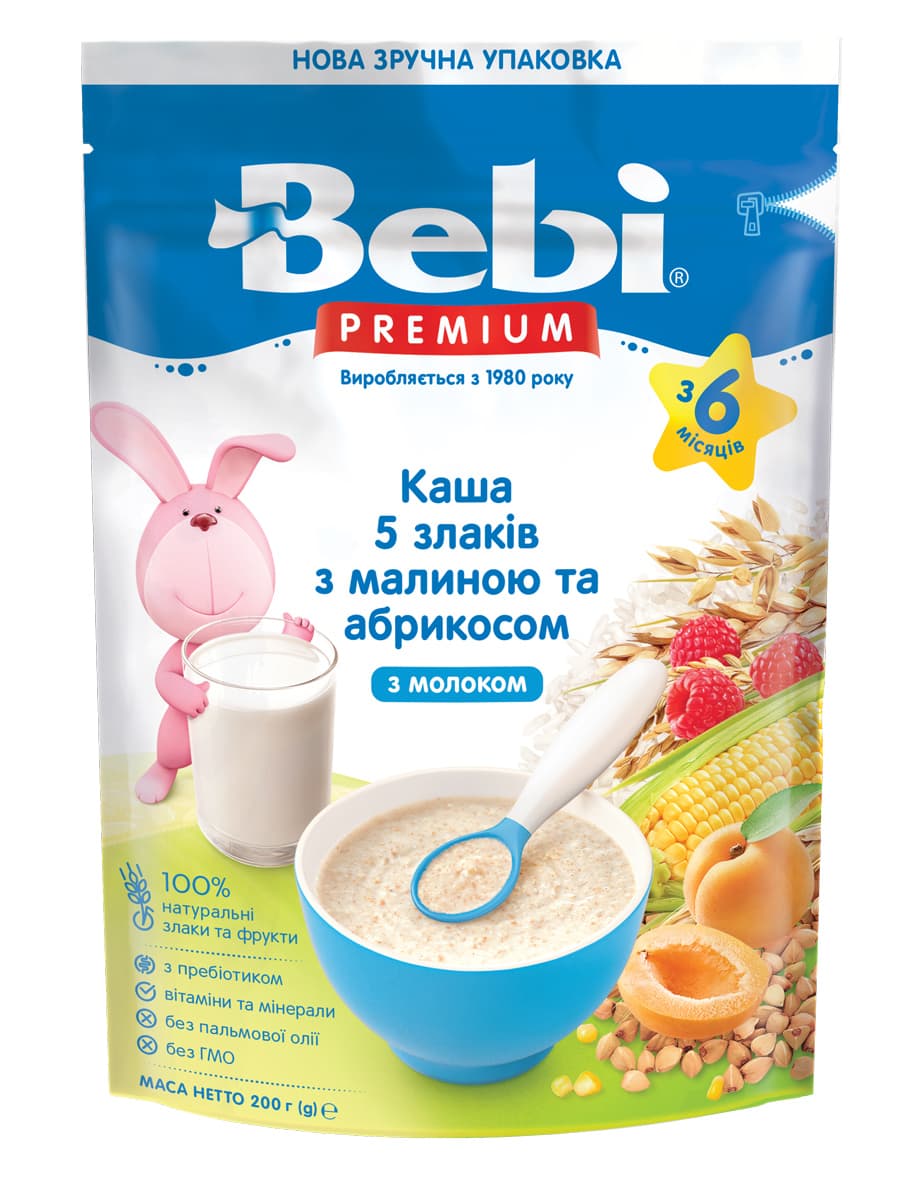 Каша Bebi Премиум молочная 5 злаков с малиной и абрикосом 200г 1105066 Каша Bebi Премиум молочная 5 злаков с малиной и абрикосом 200г 1105066