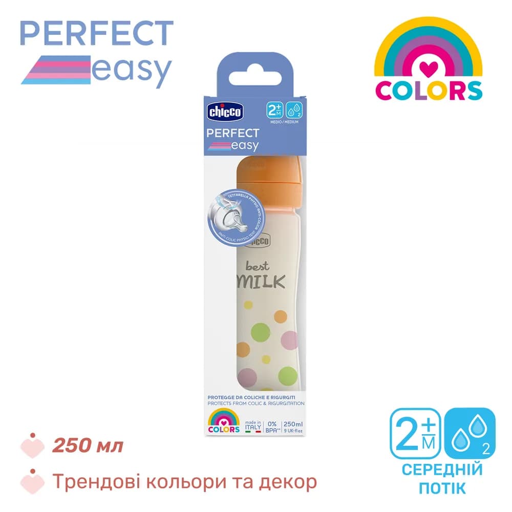 Пляшечка пластикова Chicco Perfect Easy 250мл, соска силіконова, середній потік 0+ 20243.10 фото 2 Пляшечка пластикова Chicco Perfect Easy 250мл, соска силіконова, середній потік 0+ 20243.10 фото 2