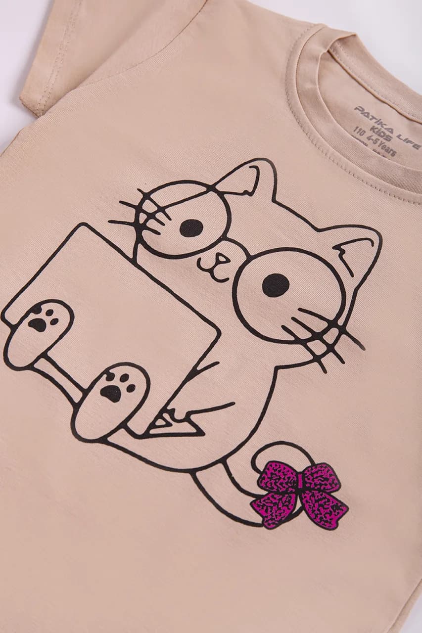 Футболка "Кошка с ноутбуком" девочка Patika 8014 бежевый фото 3