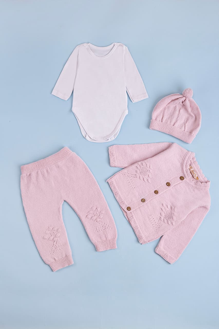 Комплект (боди дл.рук+кофта+штаны+шапка) вязка 3-9 BabyMy 4034 -розовый