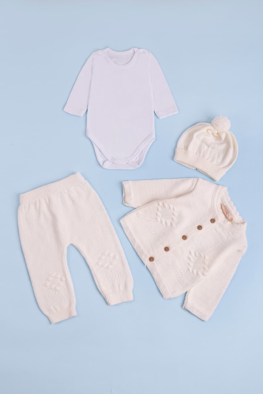 Комплект (боди дл.рук+кофта+штаны+шапка) вязка 3-9 BabyMy 4034 -молочный