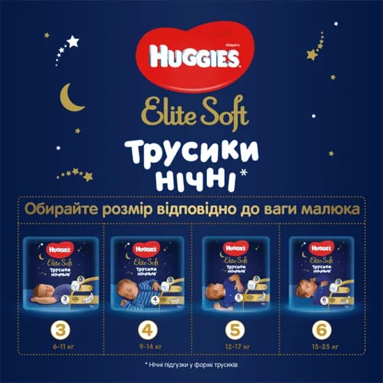Подгузники-трусики Huggies Elite Soft ночные 6 16шт 354818 фото 2 Подгузники-трусики Huggies Elite Soft ночные 6 16шт 354818 фото 2