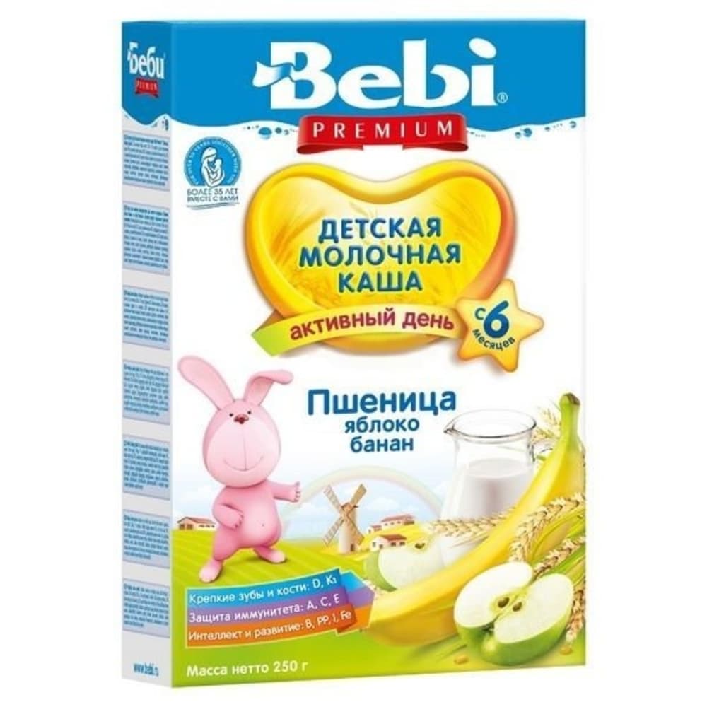 Каша Bebi Премиум молочная пшеничная с яблоком и бананом 250г 1104831 Каша Bebi Премиум молочная пшеничная с яблоком и бананом 250г 1104831