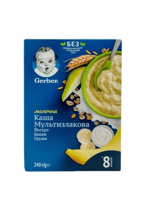 Каша молочна Gerber швидкорозчинна мультизлакова з йогуртом, бананом і грушею 240г 398342