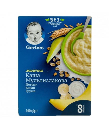 Каша молочна Gerber швидкорозчинна мультизлакова з йогуртом, бананом і грушею 240г 398342