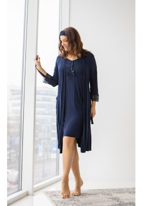 Комплект для беременных и кормления (халат+ночная рубашка+повязка) S-XL Nicoletta 7327 - темно-синий