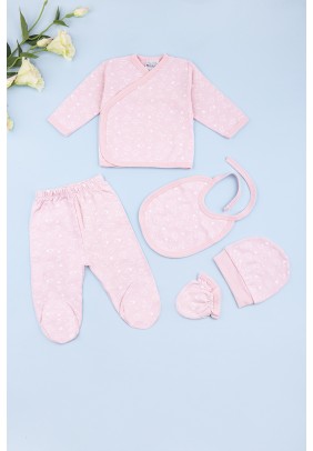 Комплект для новонародженного (кофта+повзунки+шапка+рукавички+слинявчик) 56-62 ТО 3081-рожевий - 