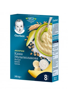 Каша молочна Gerber швидкорозчинна мультизлакова з йогуртом, бананом і грушею 240г 398342
