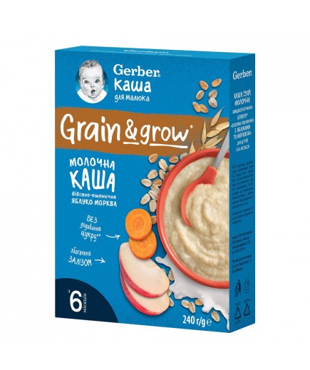 Каша молочна Gerber швидкорозчинна вівсяно-пшенична з яблуком і морквою 240г 794452 Каша молочна Gerber швидкорозчинна вівсяно-пшенична з яблуком і морквою 240г 794452